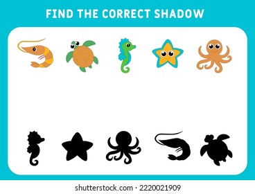 Find shadows of  elements. Marine theme. Educational logical game for kids. Educational matching game for kids. Worksheet for preschoolers. Vector illustration.