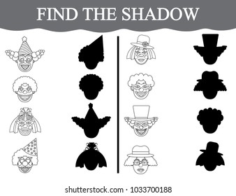 Find the shadows of clown’s faces and color them. Visual educational game for preschool children.