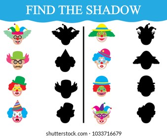 Find the shadows of clown’s faces. Development of attention of children. Education. Vector illustration.