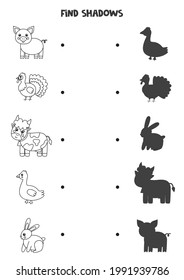 Find shadows of farm animals. Black and white worksheet. Educational logical game for kids.