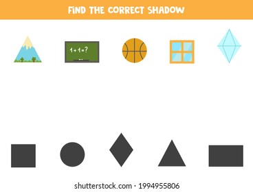 Find shadows of geometric shapes. Educational logical game for kids.