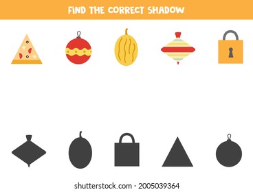 Find shadows of geometrical items. Educational logical game for kids.