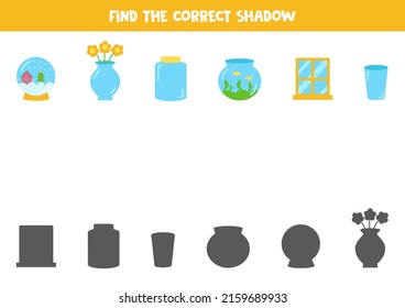 Find shadows of glass objects. What it is made of worksheet. Educational logical game for kids