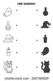 Find shadows of Halloween elements. Black and white worksheet. Educational logical game for kids.