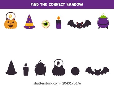 Find shadows of Halloween elements. Halloween worksheet. Educational logical game for kids.