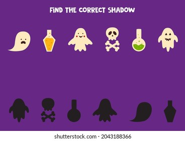 Find shadows of Halloween elements. Halloween worksheet. Educational logical game for kids.