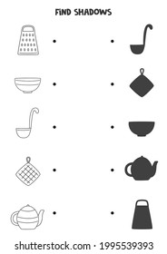 Find shadows of kitchen tools. Black and white worksheet. Educational logical game for kids.