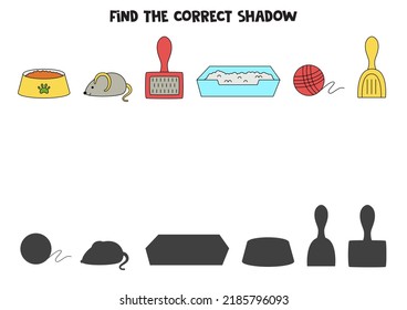 Find shadows of pet accessories. Educational logical game for kids.