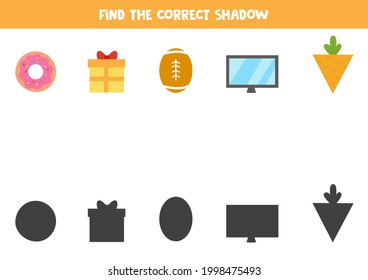 Find shadows of pictures. Educational logical game for kids.