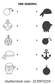 Find shadows of pirate elements. Black and white worksheet. Educational logical game.