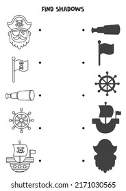Find shadows of pirate elements. Black and white worksheet. Educational logical game.