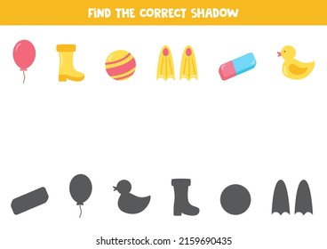 Find shadows of rubber objects. What it is made of worksheet. Educational logical game for kids.