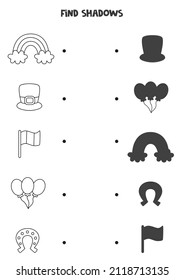 Find shadows of Saint Patrick day elements. Black and white worksheet. Educational logical game.
