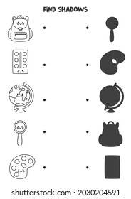 Find shadows of school supplies. Black and white worksheet. Educational logical game for kids.