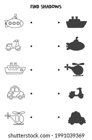 Find shadows of transportation means. Black and white worksheet. Educational logical game for kids.