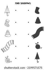 Encuentra sombras de accesorios calientes. Hoja de cálculo en blanco y negro. Juego lógico educativo.