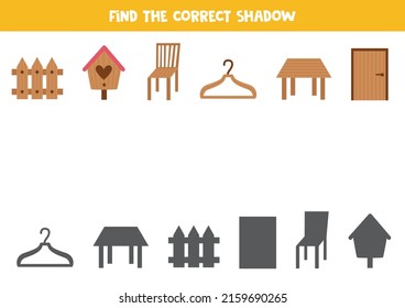 Find shadows of wooden objects. What it is made of worksheet. Educational logical game for kids.