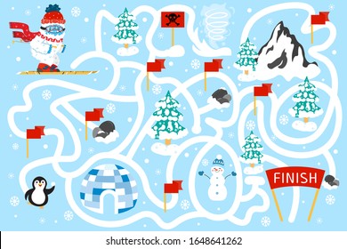 Find the shortest way to Finish. Color maze or labyrinth game for preschool children. Puzzle. Tangled road. Cute snow yeti skiing. Winter holidays, activities and sport for kids.