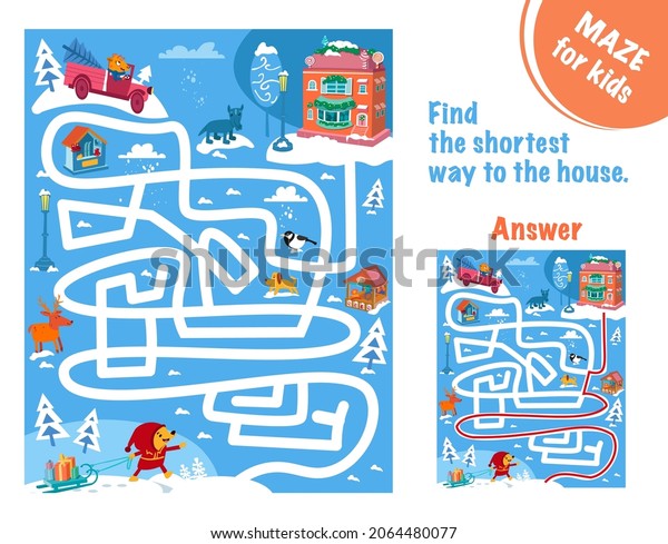 Find the shortest way to the\
house. Maze game for kids. Full color hand drawing vector\
illustration.