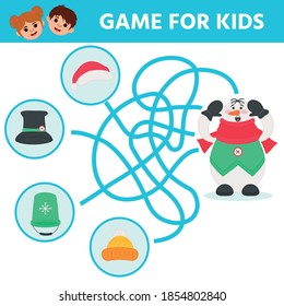 Find the shortest way to snowman hat. Color maze or labyrinth game for preschool children. Puzzle. Cute snowman. Children funny riddle entertainment for the development of logical thinking. 