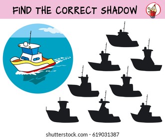 Find the silhouette of the boat. Find the correct shadow. Educational game for children. Cartoon vector illustration