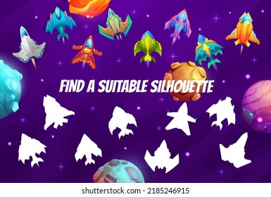 Find silhouette of cartoon starship, spaceship and starcraft, vector kids game worksheet. Find correct shadow, space puzzle or riddle game to find and match similar alien rocket shuttles in galaxy