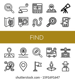 find simple icons set. Contains such icons as Search, Tracking, Searching, Location, Destination, Telescope, Dating app, Location pin, Position, can be used for web, mobile and logo