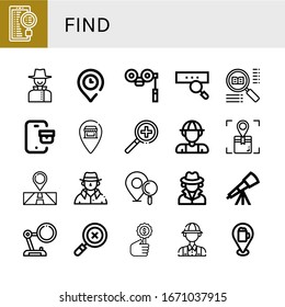 find simple icons set. Contains such icons as Search, Detective, Location, Binoculars, Tracking, Pin, Explorer, Location pin, Telescope, Magnifying glass, can be used for web, mobile and logo