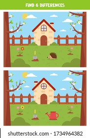 Find six differences between the pictures of spring landscape. Logical game for kids. Cute view of the garden and country house.