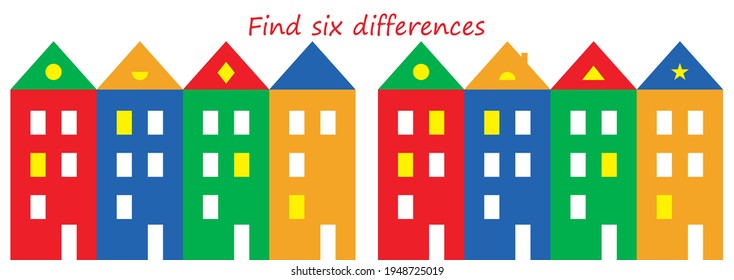 Find six differences, game for children, color houses, vector