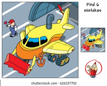 Find six extra details on the airplane. Find 6 mistakes in the picture. Educational game for children. Cartoon vector illustration