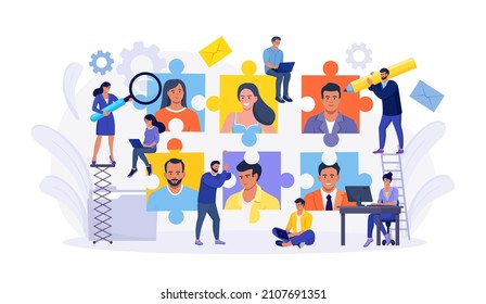Find skilled and experienced career laborers from candidates crowd. Businessman looking for human talent as jigsaw puzzle pieces. Recruiting, job search, human resource, employment agency