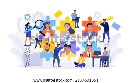 Find skilled and experienced career laborers from candidates crowd. Businessman looking for human talent as jigsaw puzzle pieces. Recruiting, job search, human resource, employment agency