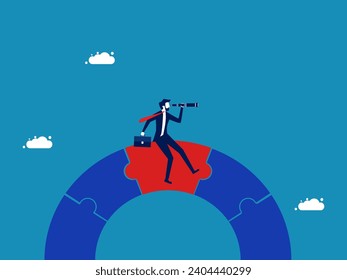 Find a solution. Businessman looking into binoculars on jigsaw bridge. vector 