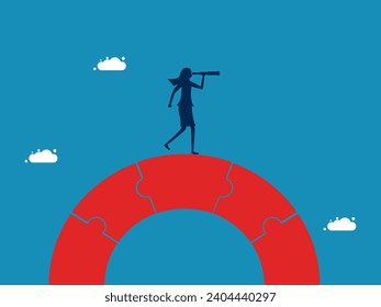 Find a solution. Businesswoman looking into binoculars on jigsaw bridge. vector 