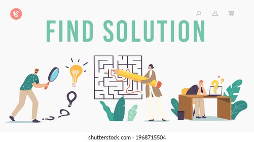 Find Solution, Challenge and Problem Solving Landing Page Template. Characters Finding Idea and Answer in Labyrinth. Confused People at Maze Thinking how to Pass Way. Cartoon Vector Illustration