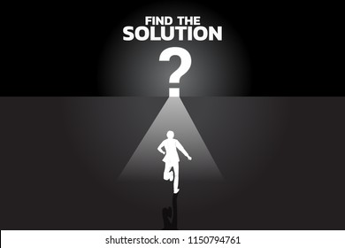 Find the solution concept. Silhouette of businessman running to question mark icon with lighting
