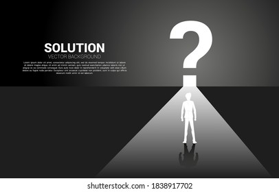 Find the solution concept. Silhouette of businessman running to question mark icon with lighting