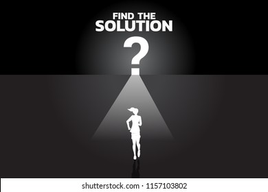 Find the solution concept. Silhouette of businesswomen running to question mark icon with lighting
