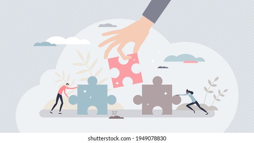 Find Solution As Fitting Together Jigsaw Puzzle Pieces Tiny Person Concept. Collaboration, Teamwork And Work Support For Problem Solving Vector Illustration. Business Matching With Assistance And Help