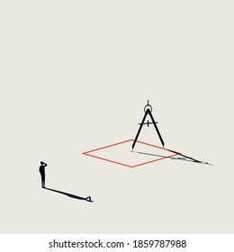 Find solution to impossible situation business vector concept. Making square with pair of compasses. Eps10 illustration.