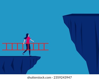 Find a solution. woman holding a ladder is about to climb over a high cliff