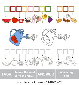 Find solution and write the hidden word Watering Can. Vector rebus game for children. Kid game with words.
