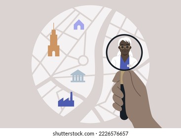 Find a specialist, a magnifying glass scaling up a city map, a doctor appointment