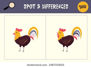 Find spot 5 differences. Educational matching game for children. Cartoon vector illustration. 