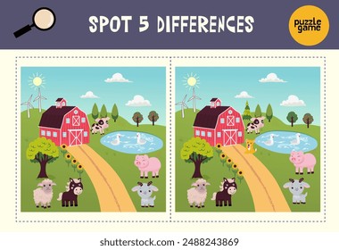 Find spot 5 differences. Educational matching game for children. Cartoon vector illustration. 