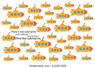 Find submarine that different, fun education puzzle game with transport for children, preschool worksheet activity for kids, task for the development of logical thinking and mind, vector illustration