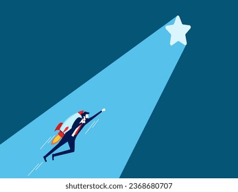 Find success. Businessman flying in rocket heading towards star gate with beam of light