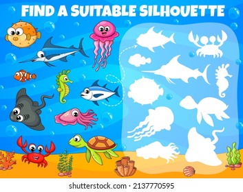 Find a suitable silhouette of cartoon funny underwater animals and fish kids game worksheet. Vector quiz puzzle of ocean and sea animals education. Matching game with crab, sea turtle and clownfish