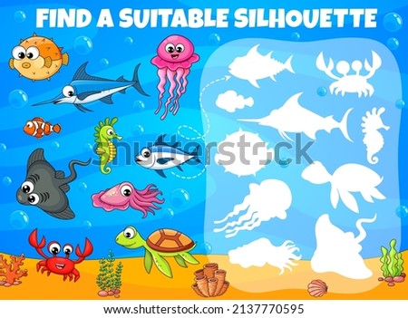 Find a suitable silhouette of cartoon funny underwater animals and fish kids game worksheet. Vector quiz puzzle of ocean and sea animals education. Matching game with crab, sea turtle and clownfish